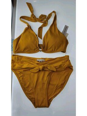 Robin Piccone Mustard Yellow Halter Triangle Bikini Set Gold Hardware NWT M